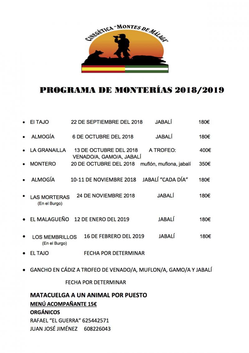 Programa de monterías Cinegética Montes de Málaga 2018-2019
