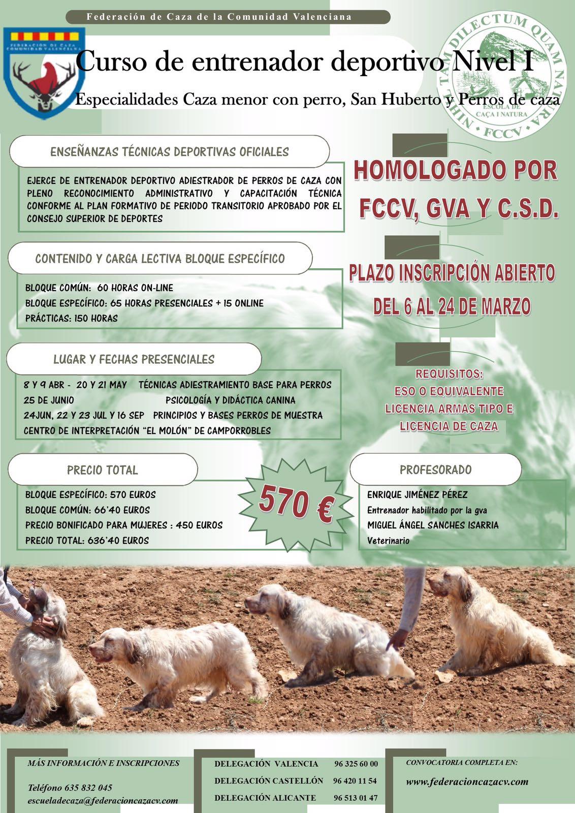 Abierto el plazo de matricula para el Curso de entrenador deportivo de perros de caza que organiza la FCCV