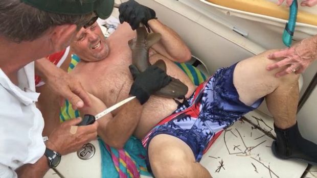 Un tiburón muerde a un hombre en su abdomen y se queda pegado a él